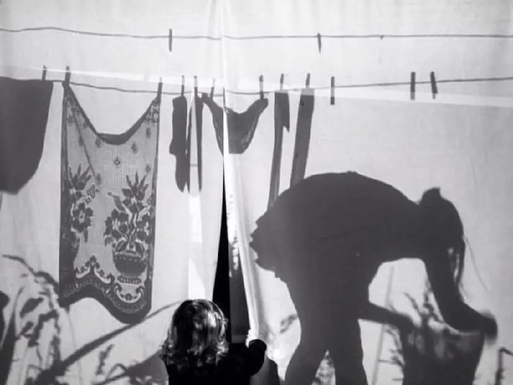 Laundry lines crossed by the distorted shadow of a human figure.